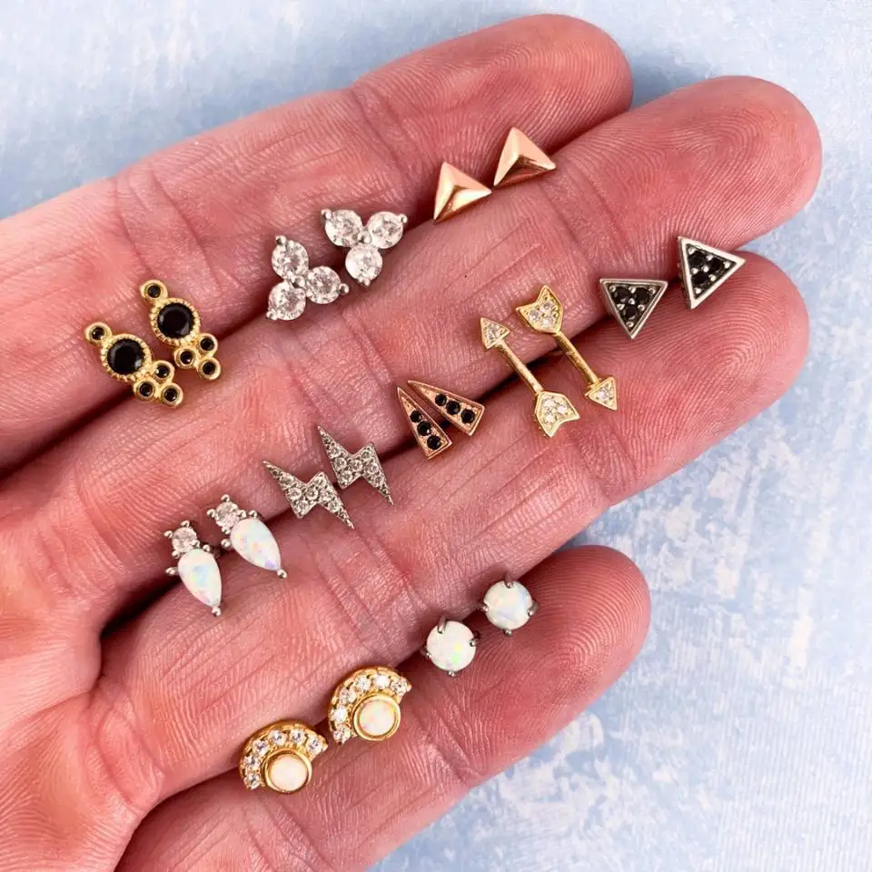 

10pcs/sets Pyramid lightning Geometric Irregularity Stud Earrings Set 2019 New Rhinestone Imitation Opal Earrings for Women Gift