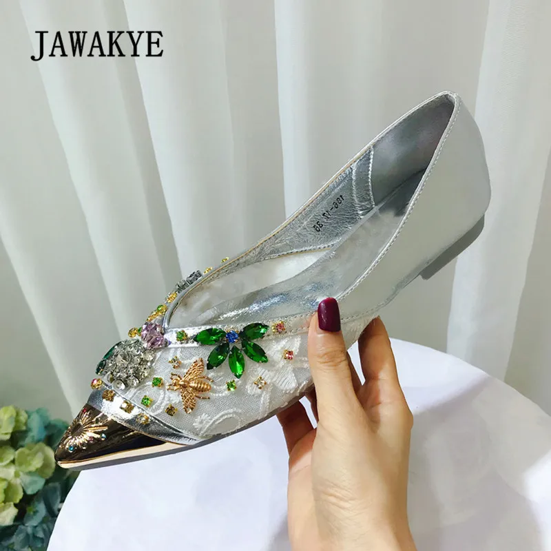 

2018 Rhinestone Flower Lace Mesh Flat Shoes Women Pointed Toe Sexy Wedding Shoes