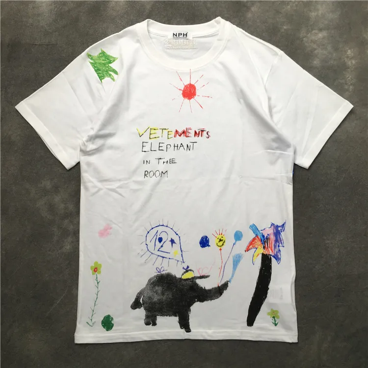 

2019 Summer New Style VETEMENTS Painting graffiti Elephant Irregular printing Women Men T shirts Hip hop Skateboard Cotton tee