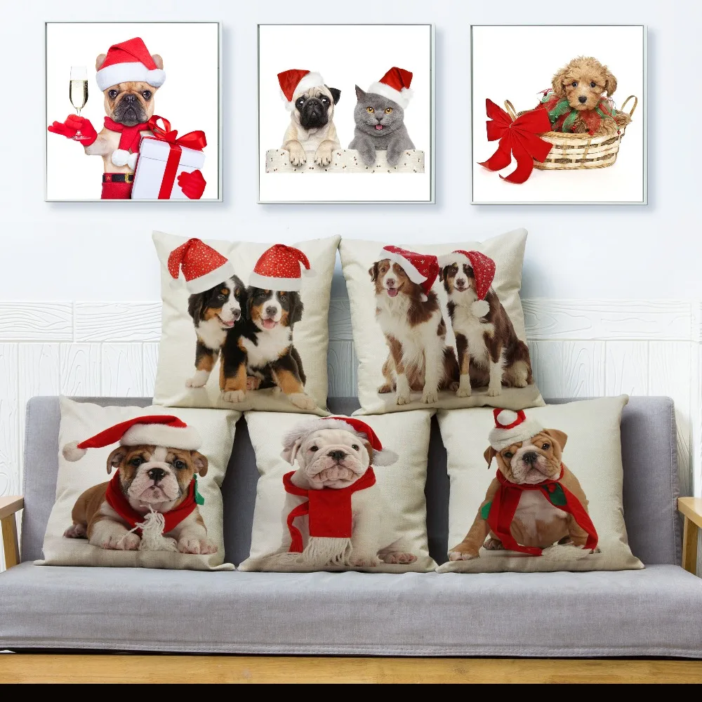 

Merry Christmas Pet Dog Print Pillow Cover 45*45cm Square Cushion Cover Linen Throw Pillows Cases Sofa Home Decor Cushion Covers