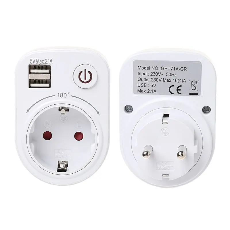 

Wall Charger Travel Adapter Electrical Socket With Dual USB Ports Power Switch