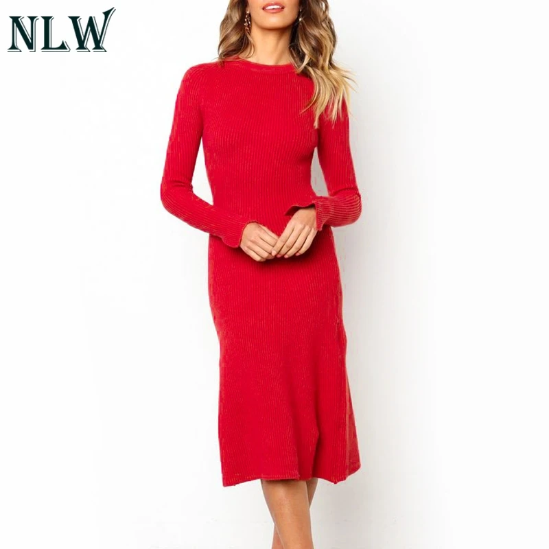 

NLW Solid Color Knitted Dress Long Sleeves Mid-Calf Dress Women 2018 Autum Casual Party Dress Vestidos