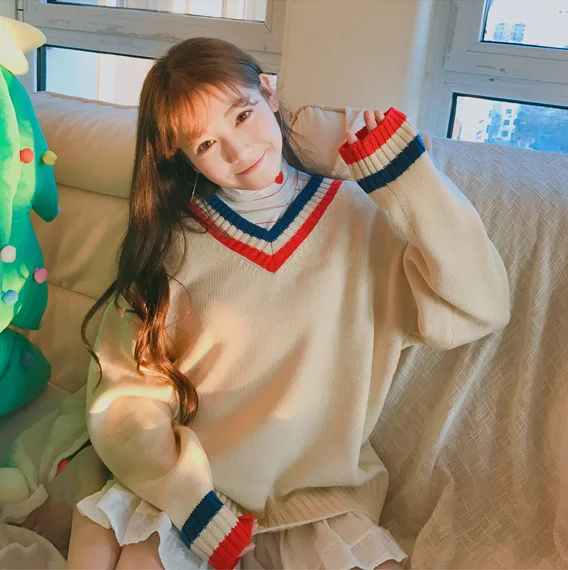 

Korean Institute Wind All-match Knitted Sweater Women Cute V-Neck Hit Color Long Sleeve Sweaters Japanese Style Kawaii Pullovers