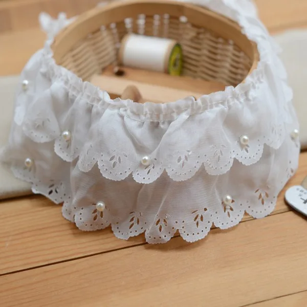 

5Yards/lot Double Layers Plait White Chiffon Ruffle Lace Trim with Pearl DIY Garment Skirt Hem Accessories Fabric