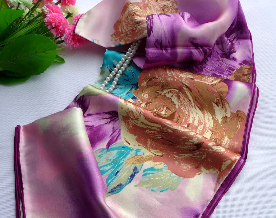

Fashion Cute Flowers Print Pure Silk Scarf Women Hand Roll-Hemmed Long Thickening Real Silk Crepe Satin Shawl