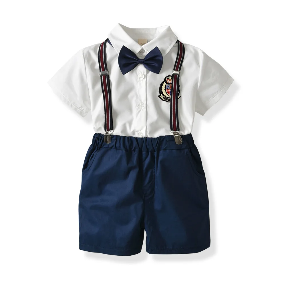 

Summer Baby Boys Clothing Sets Cotton White Short-Sleeved Shirt + Navy Shorts For Little Gentleman 1-8 years old