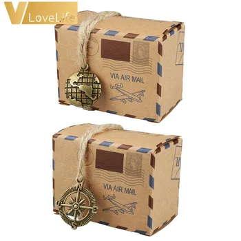 

50pcs Kraft Vintage Travel Candy Boxes with Globe and Compass Chocolate Packaging Gift Box and Gifts Bag Party Wedding Favors