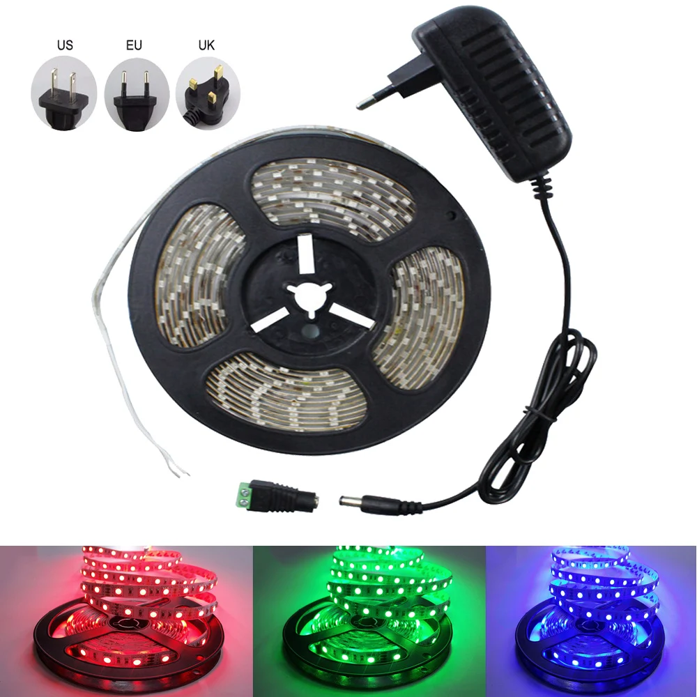 

5M 5050 Waterproof LED Strip With DC12V 2A Adapter Lighting Diode Tape 60 LED/M RGB White Warm White Red Fita Light Cabinet Kit
