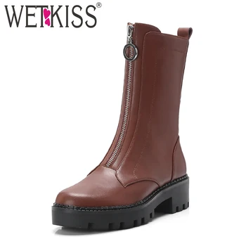 

WETKISS Thick Med Heels Women Ankle Boots Round Toe Zip Footwear Cow Leather Female Boot Platform Shoes Woman 2018 Winter New