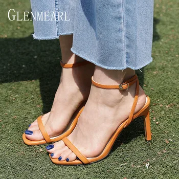 

Leather Women Sandals Summer Shoes High Heels Ankle Strap Peep Toes Woman Party Shoes Black Slive Sandalia Mujer New Arrival DE