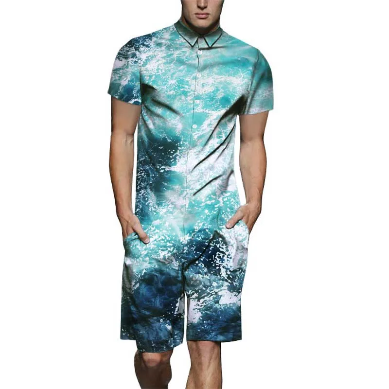 Summer New Design Overalls Mens Rompers 3D Funny Blue Wave Casual Jumpsuit Male Beach Sets One-piece Outfits Plus Size Playsuit