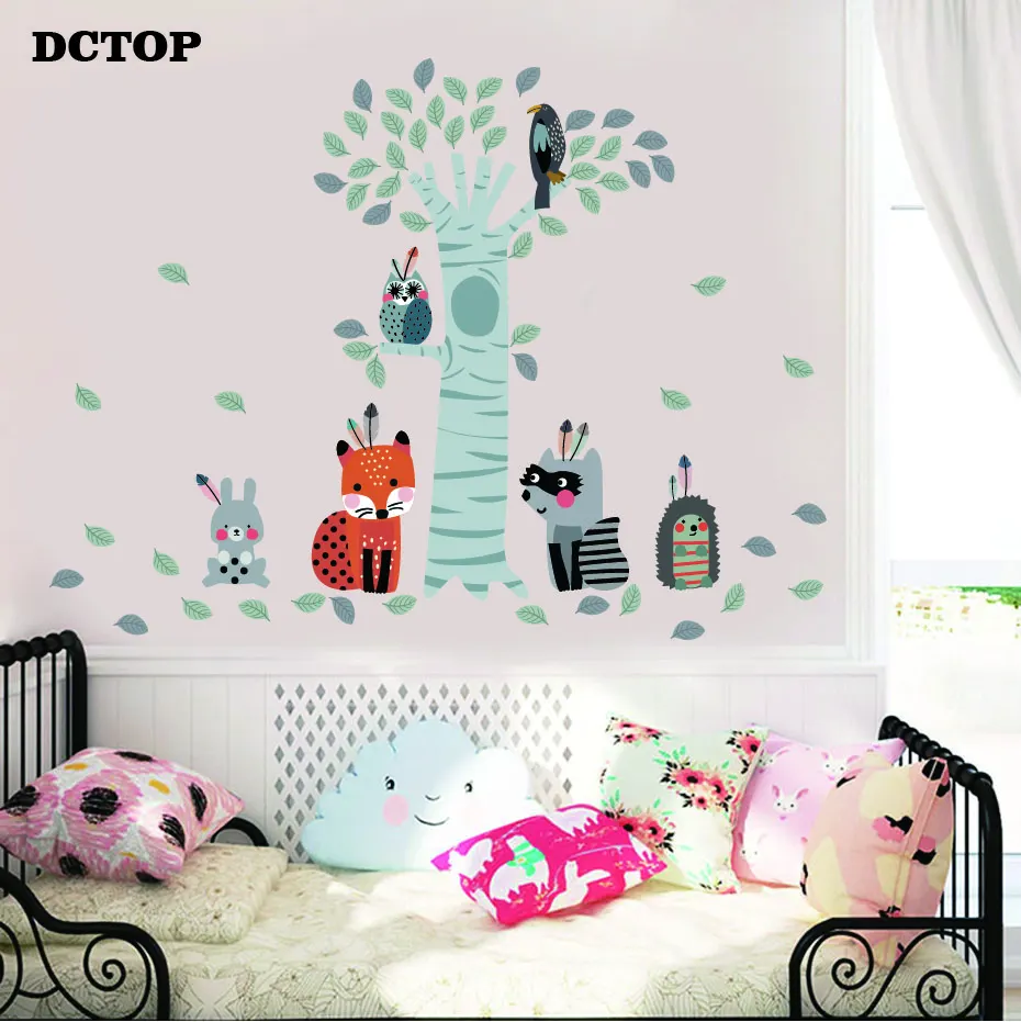 Nursery Cartoon Tree Raccoon Fox Rabbit Owl Wall Stickers Animal Vinyls Decals for kids baby Room Living Room Home Decor Mural (6)