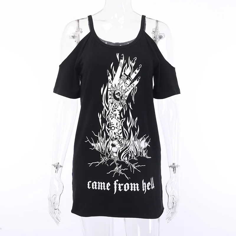 Gothic Witch Black Loose T-shirts Summer Fingers Printe Off Shoulder Punk Streetwear T-shirt Short Sleeve Harajuku Long T-shirt