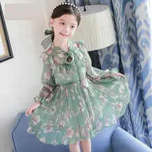 Новое модное платье с цветочным принтом для девочек подростковые платья до колена с длинными рукавами детская мягкая одежда из полиэстера с бантом W54