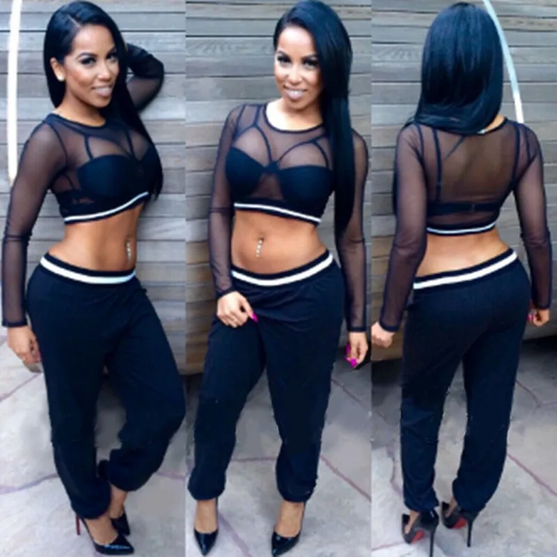Fashion Two Piece Set Sexy Womens Mesh See Thru Cropped