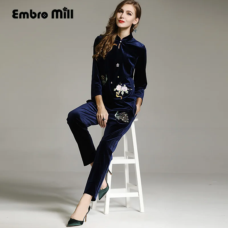 Высокое качество, женские топы, осенний вельветовый костюм с Королевской вышивкой, воротник-стойка, рукав 3/4, повседневная бархатная куртка с цветочным принтом, Женская S-XXL
