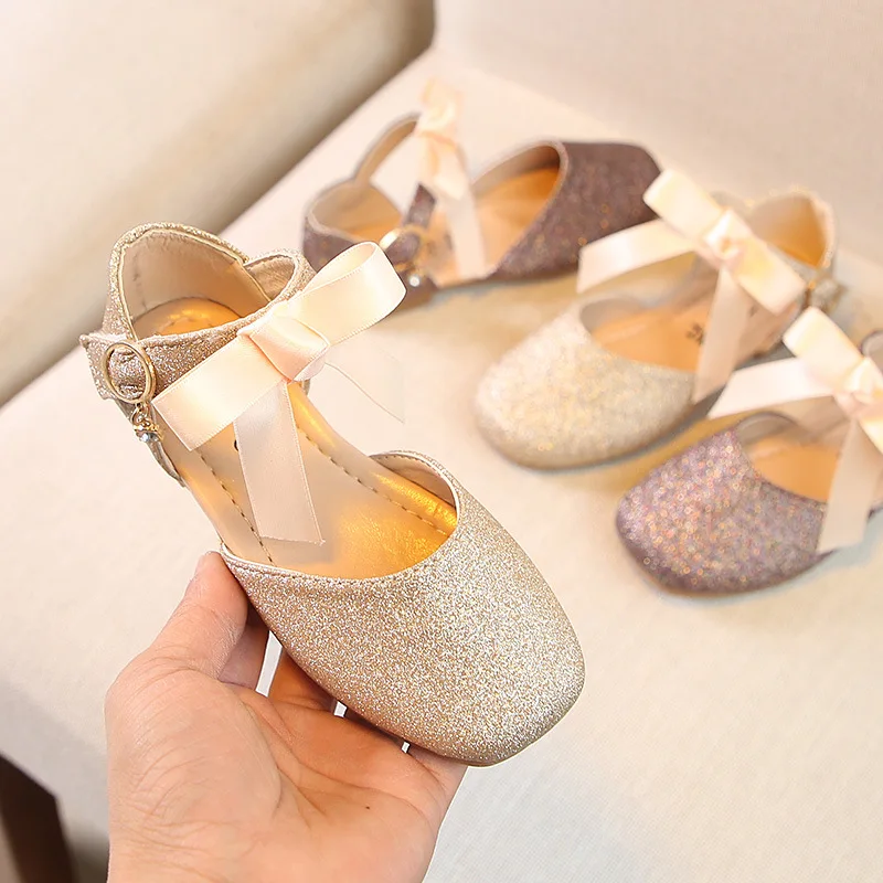 

2019 Summer New Girls Princess Shoes Fashion Soft Bottom Bow Dance Girls Shoes Non-slip Sequin Leather Kids Flats Children Shoes