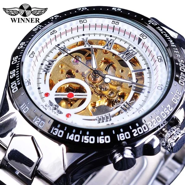 Top Brand Luxury Automatic Wristwatch Winner Classic Series Golden Movement Inside Silver Stainless Steel Mens Skeleton Watch