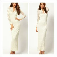 Europe Luxury Hollow Lace Dress Deep V-neck Slim Package Hip Dress Bridal Gown Skirt Pencil Bodycon Party Cocktail Dress S-XL