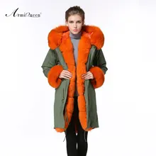 Модная зимняя экстравагантная длинная Меховая куртка с большим воротником из лисьего меха