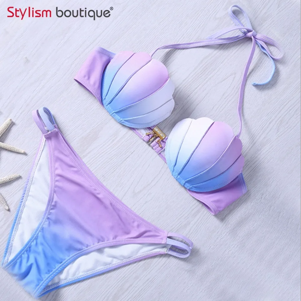 

2019 Sexy Bikini Shell Bra Bikinis Set Gradient Swimwear Women Swimsuit Push Up Swim Suit Biquini Mermaid Beachwear Monokini