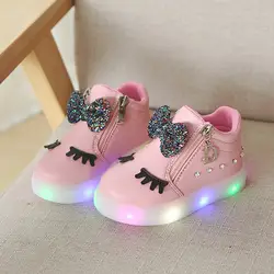 Лук глаз ребенка светящиеся кроссовки 2018 новый бренд со стразами обувь для детей светодиод мигает загрузки для маленьких девочек