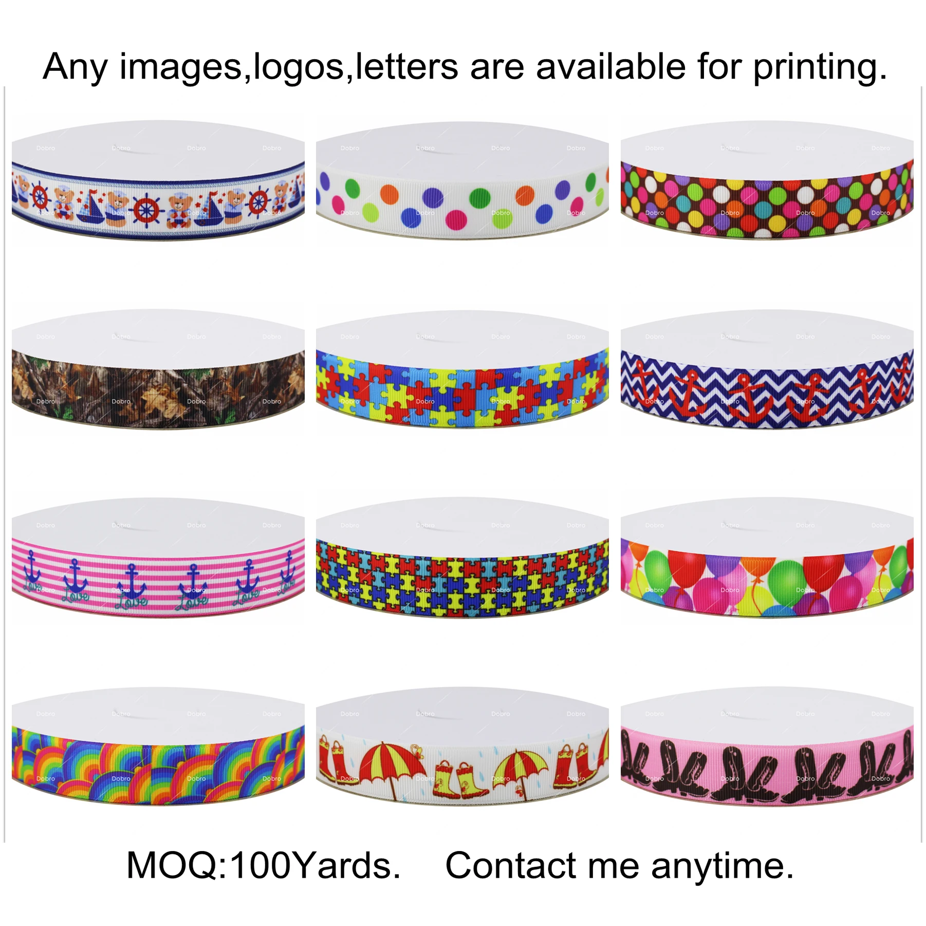 

12 Choices Printed Grosgrain Ribbons Any images logos letters are available for printing