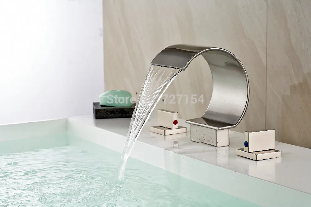 

Free Shipping! Modern Style Waterfall Basin Faucet Nickel Brushed Sink Mixer Tap Dual Handles