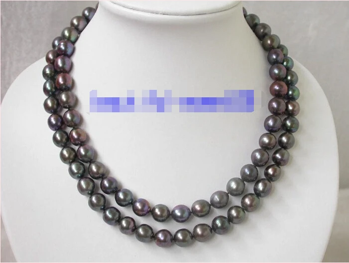 

n826 11mm black 2strands round freshwater pearls Necklace 9k clasp