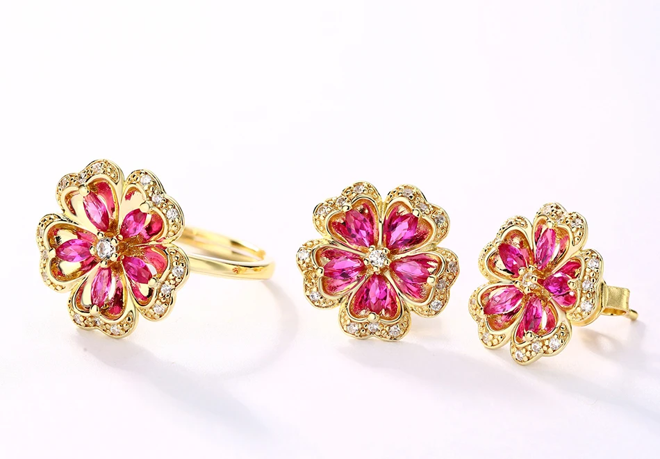 ALLNOEL Gemstone Ruby Flower Jewelry Set Real 925 Sterling Silver Red Corundum Ring Stud Earrings For Girl Women's Jewellry Gift (5)
