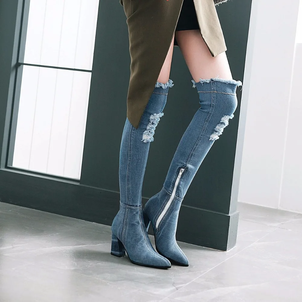 Chaussures Blue De Sur SRomance Carré Mode light Le 34 Talons Bleu dark Bureau Noir Pompes 43 Femme Bottes Blue Femmes Haute Plus La Noir Genou Sb071 Taille WBdCerxo