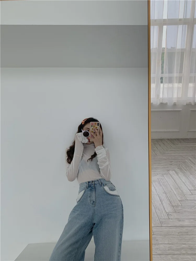 Женская Корейская Милая однотонная прозрачная сетчатая Водолазка с длинным рукавом+ Harajuku свободная футболка с коротким рукавом и круглым вырезом