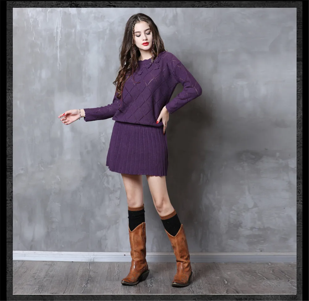 Vintage Winter Sweater Dress 2018 Cotton Wool Floral Knitting Dresses Female O-Neck Long Sleeve Pleated Sweater Dress Vestidos (17)