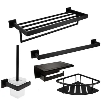 Price 5-Piece Bathroom Hardware Set Towel Hook Towel Bar Basket Paper Holder Toilet Brush Holder, Stainless Steel Wall Mounted, Black