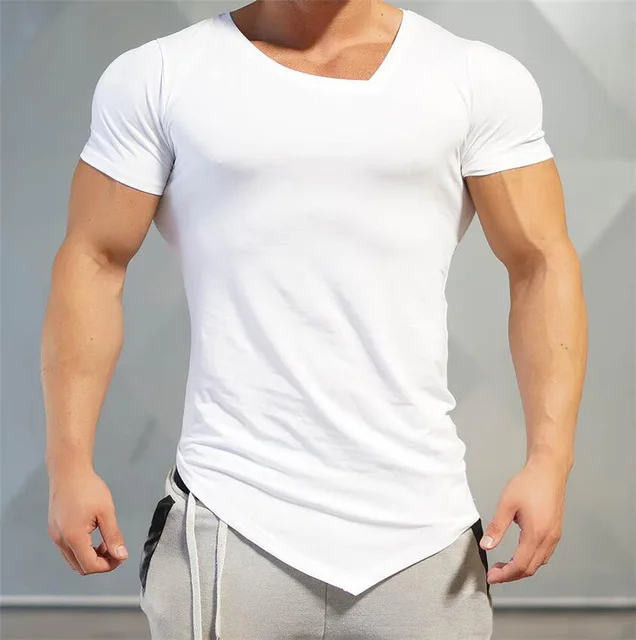 

Men's Bodybuilding Fitness T-Shirt Irregular Hem Cotton Personality Print Basketball Running Short Sleeve