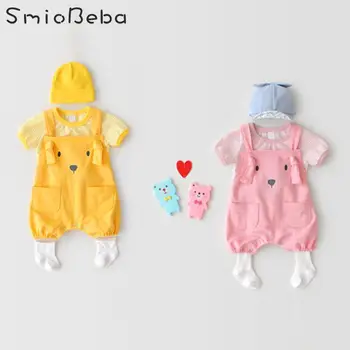 

Summer Infants Boys And Girls Rompers Two Pieces Sets Striped Shirts Puppies Dogs Straps Cotton New Born Baby Jumpsuit Clothes
