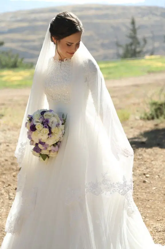 Moslim Stijl Tulle 2018 Lace Jewel Hals Floor Lengte Bridal Gown Plus size Custom vestido de noiva moeder van de bruid jurken Moslim Stijl Tulle 2018 Lace Jewel Hals Floor Lengte Bridal Gown Plus size Custom vestido de noiva moeder van de bruid jurken