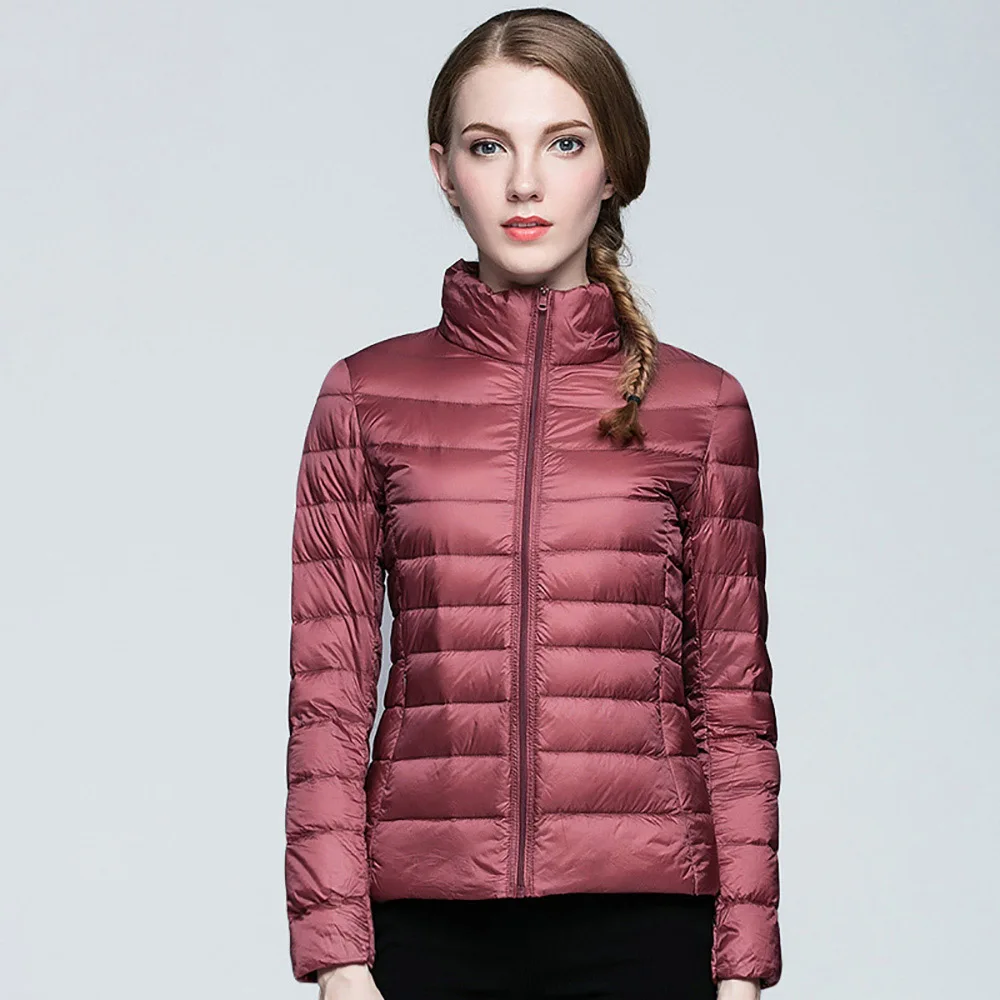 Зимний женский ультра легкий пуховик, 90% утиный пух, куртки, пальто для женщин, тонкий, длинный рукав, теплая парка, на молнии, пальто с карманами - Цвет: DarkPink