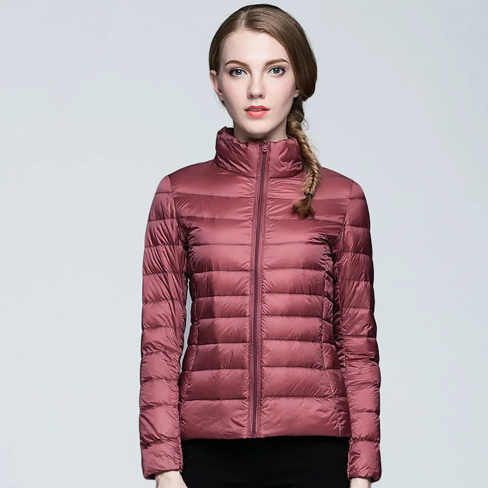 DarkPink Зимний женский ультра легкий пуховик, 90% утиный пух, куртки, пальто для женщин, тонкий, длинный рукав, теплая парка, на молнии, пальто с карманами - Цвет: DarkPink