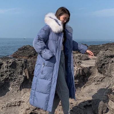 Синий New Blue X-Long Parkas Female Womens Winter Jacket Coat Big Fur Thick Cotton Warm Jacket Outwear Parkas Plus Size Fur Coats - Цвет: Синий