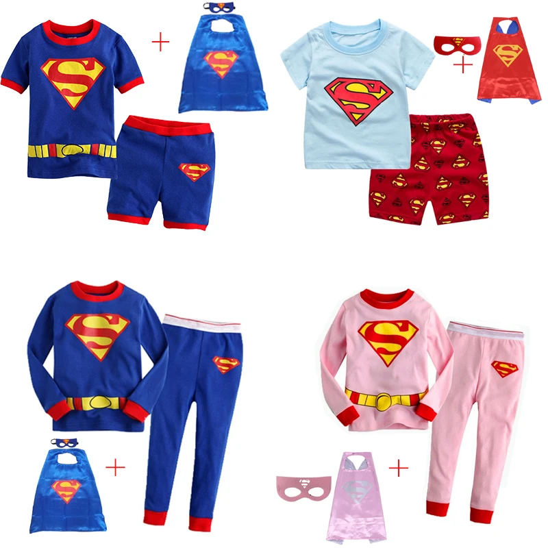 

2-7 years new superman child cartoon Sleepwear Suit Set with Mask Cloak long sleeved+pant 2pcs