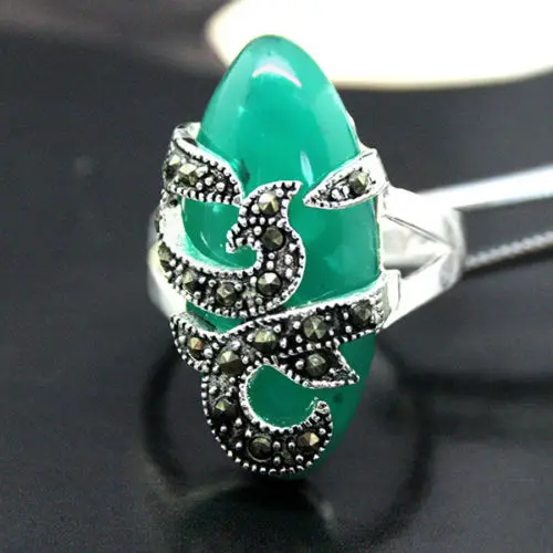 

005 RARE GREEN stone & MARCASITE SILVER RING US Size 7.8.9.10 can choose