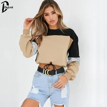 DayLook Chic Hoodies Long Sleeve Loose Crop Top Sweatshirt Casual Patchwork Neck Elastic Waist Pullovers Girls Streetwear