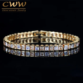 

CWWZircons Exclusive Yellow Gold Color Square Cut Fashion Women Jewelry Cubic Zirconia Crystal Tennis Bracelet for Party CB190