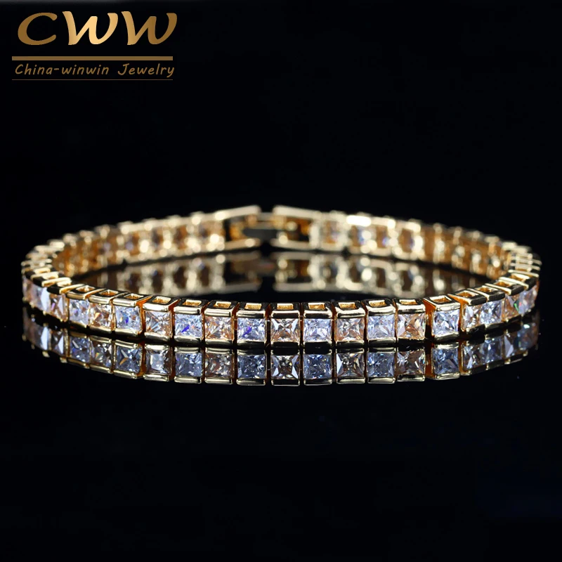 Pulseira para Festa Cor de Ouro Cwwzircons Exclusivo Amarelo Quadrado Corte Moda Jóias Femininas Zircônia Cúbica Cristal Tênis Cb190