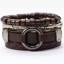 Коричневый круг 4 шт./компл. бисером хип хоп ювелирные изделия змея кожаные мужские браслеты женский винтажный браслет мужской Homme ювелирные изделия аксессуары