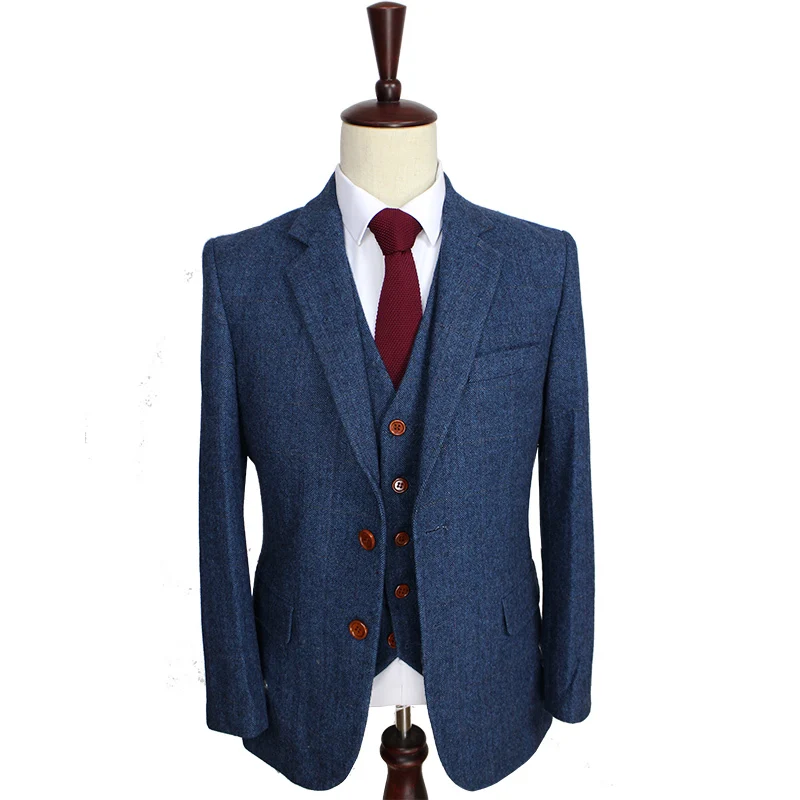 WoolBlueHerringboneRetrogentlemanstylecustommadeMenssuitstailorsuitBlazersuitsformen3pieceJacketPantsVest