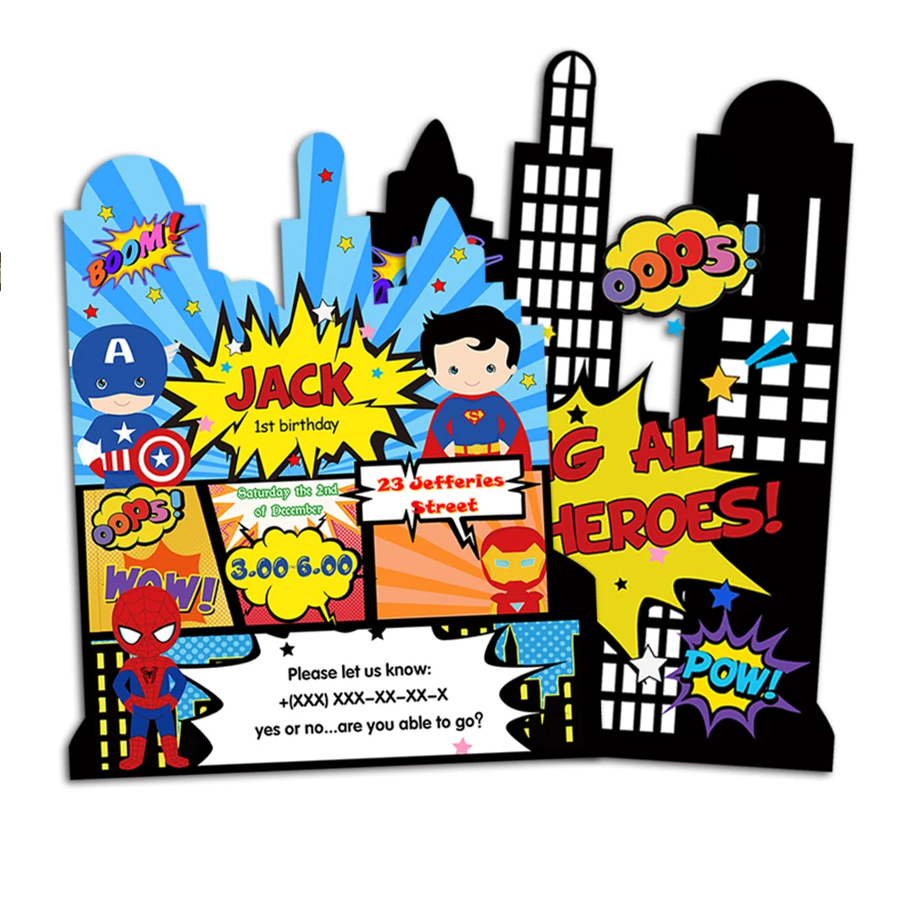 Superhero Theme Invitation Card Party Supplies Super Hero Invitation Party Decorations Kids Event Birthday Custom-Made 16PCS