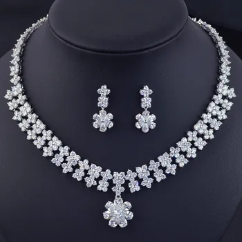 

Beautiful flower design wedding bridal jewelry set,high quality luxury fashion AAA Cubic Zirconia necklace earring set for bride