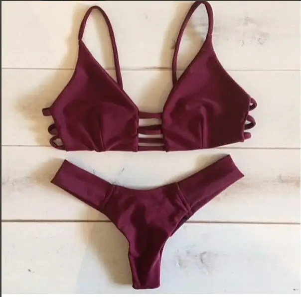 

Bikini Wine Red Hollow Out Two Piece Swimsuit With Thong Brazilian High Waist Swimsuit Wear